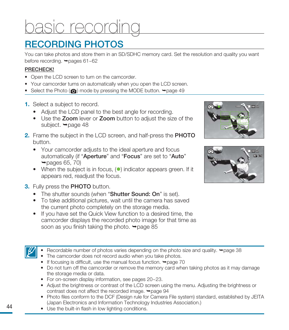 Recording photos, Basic recording | Samsung HMX-M20SN User Manual | Page 48 / 147