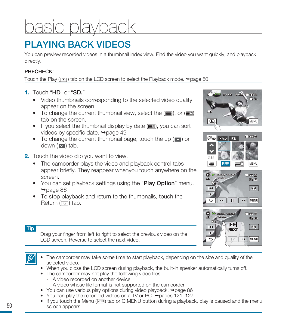 Playing back videos, Basic playback | Samsung HMX-M20SN User Manual | Page 54 / 147