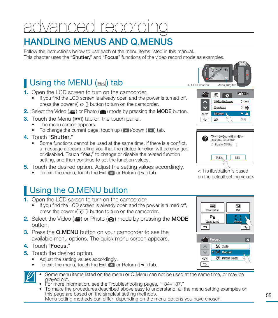 Advanced recording, Handling menus and q.menus, Using the q.menu button | Using the menu ( ) tab, Open the lcd screen to turn on the camcorder, Touch the menu ( ) tab on the touch panel, Touch “ shutter | Samsung HMX-M20SN User Manual | Page 59 / 147