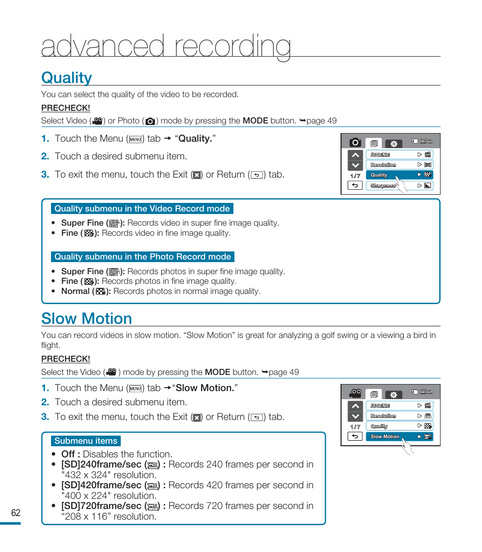 Quality, Slow motion, Advanced recording | Samsung HMX-M20SN User Manual | Page 66 / 147
