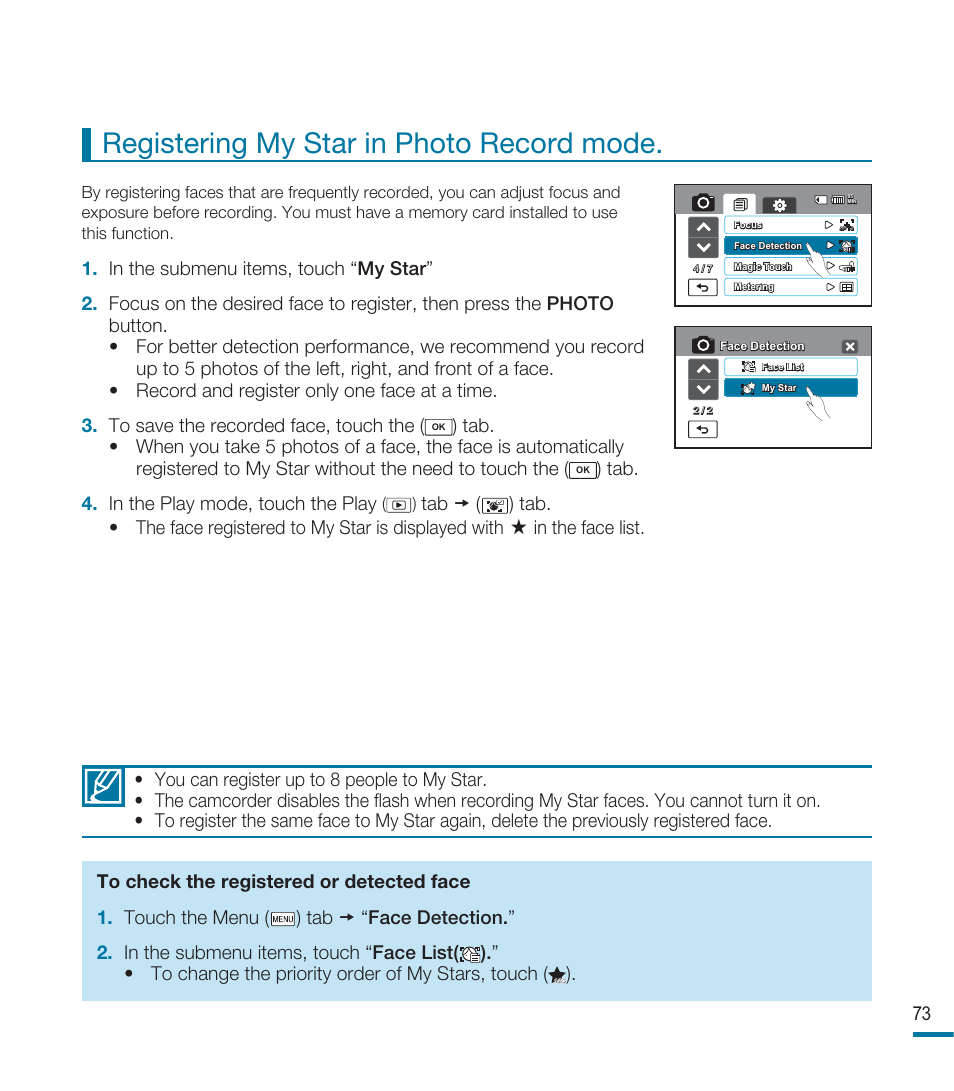 Registering my star in photo record mode | Samsung HMX-M20SN User Manual | Page 77 / 147