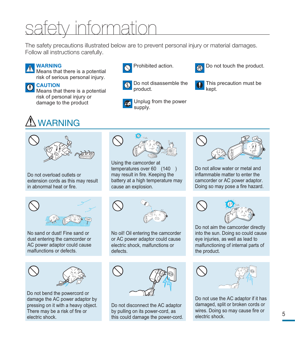 Safety information, Warning | Samsung HMX-M20SN User Manual | Page 9 / 147