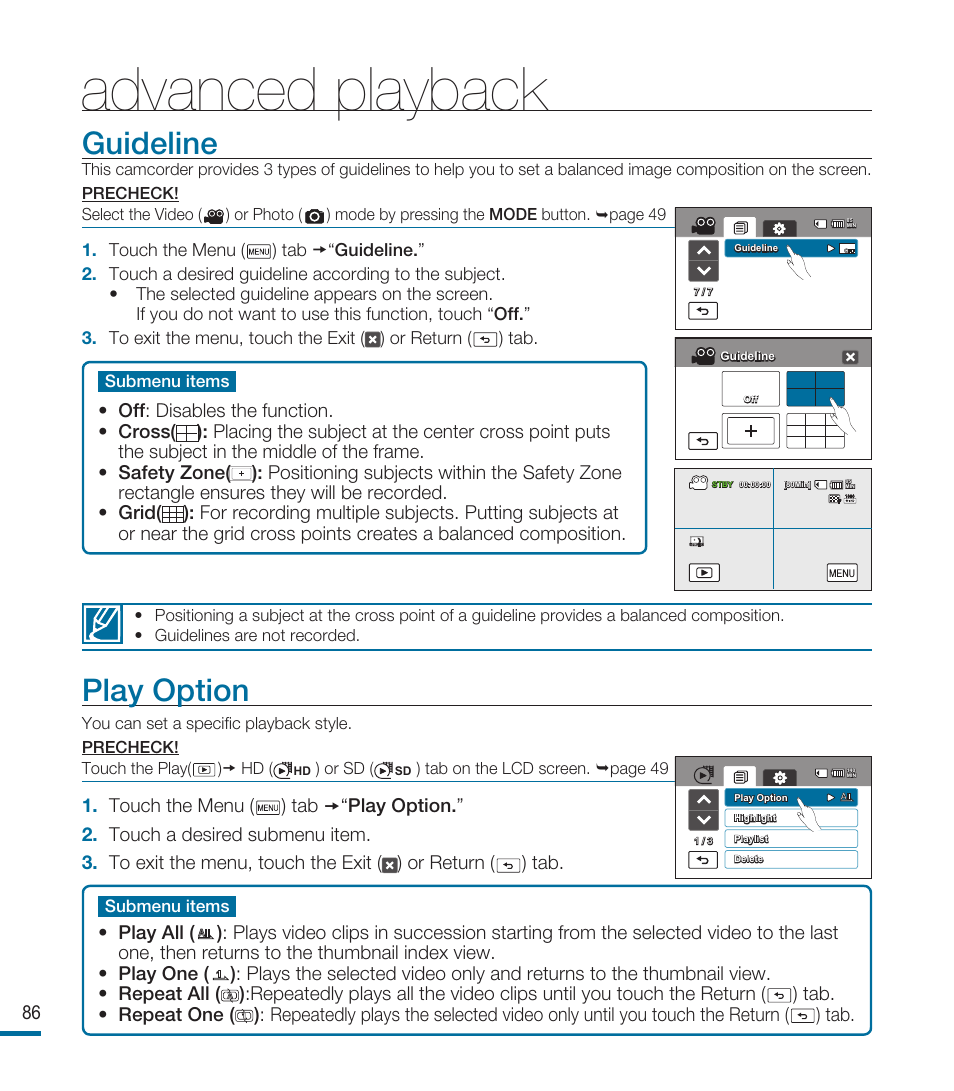 Guideline, Advanced playback, Play option | Samsung HMX-M20SN User Manual | Page 90 / 147