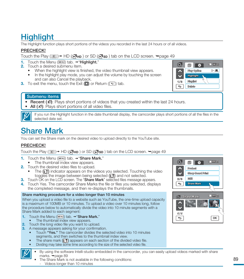 Highlight, Share mark | Samsung HMX-M20SN User Manual | Page 93 / 147