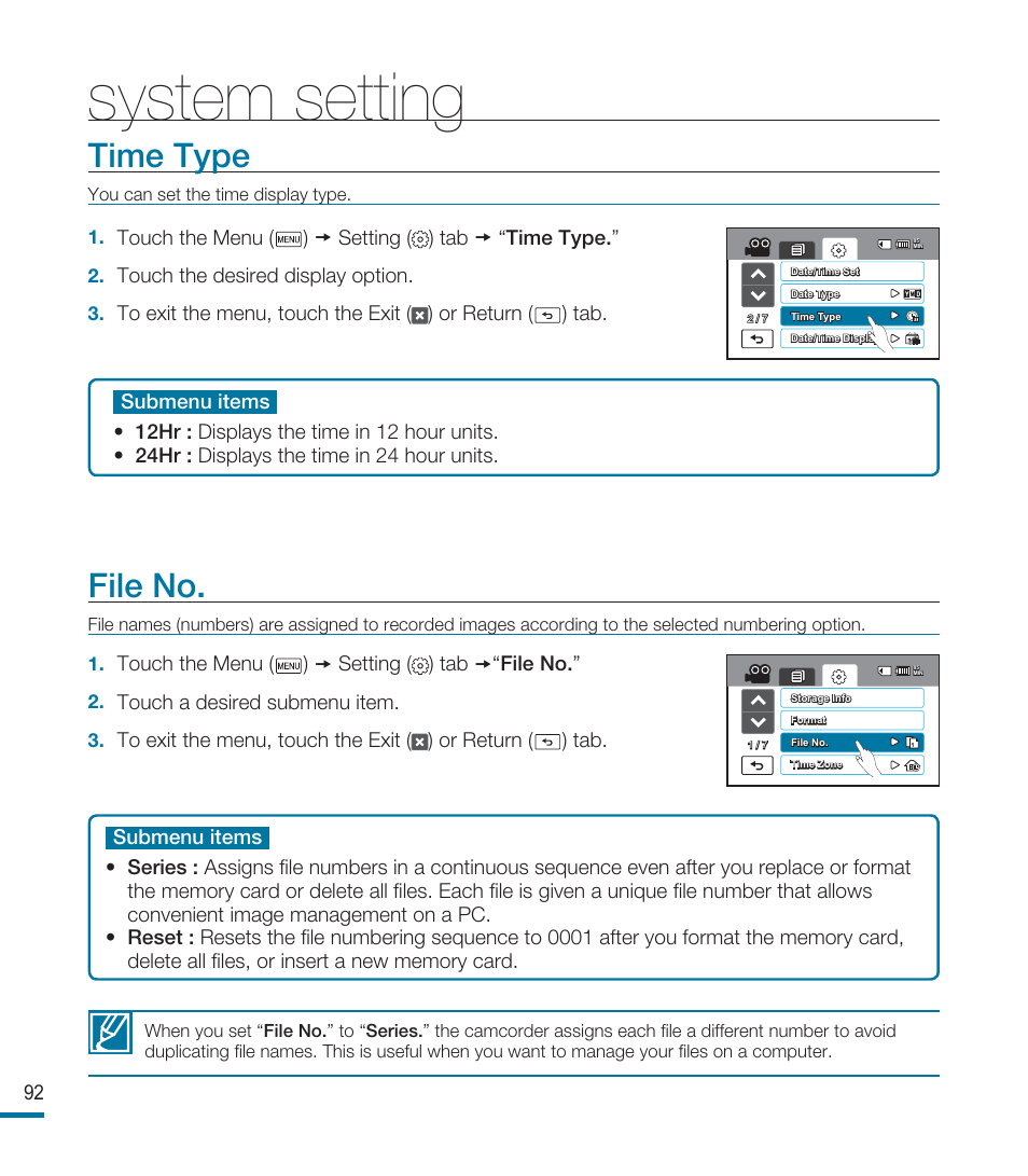 Time type, File no, System setting | Samsung HMX-M20SN User Manual | Page 96 / 147
