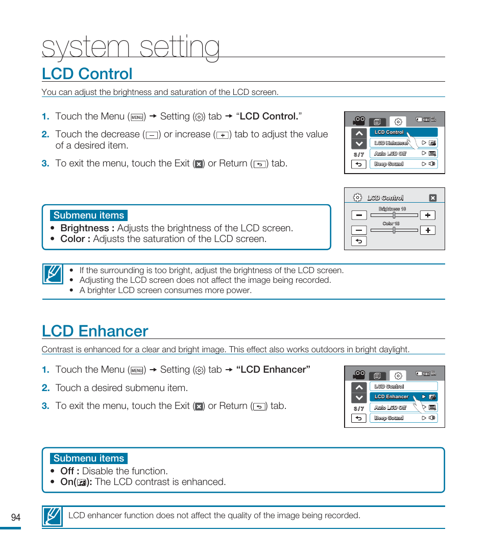 Lcd control, Lcd enhancer, System setting | Samsung HMX-M20SN User Manual | Page 98 / 147