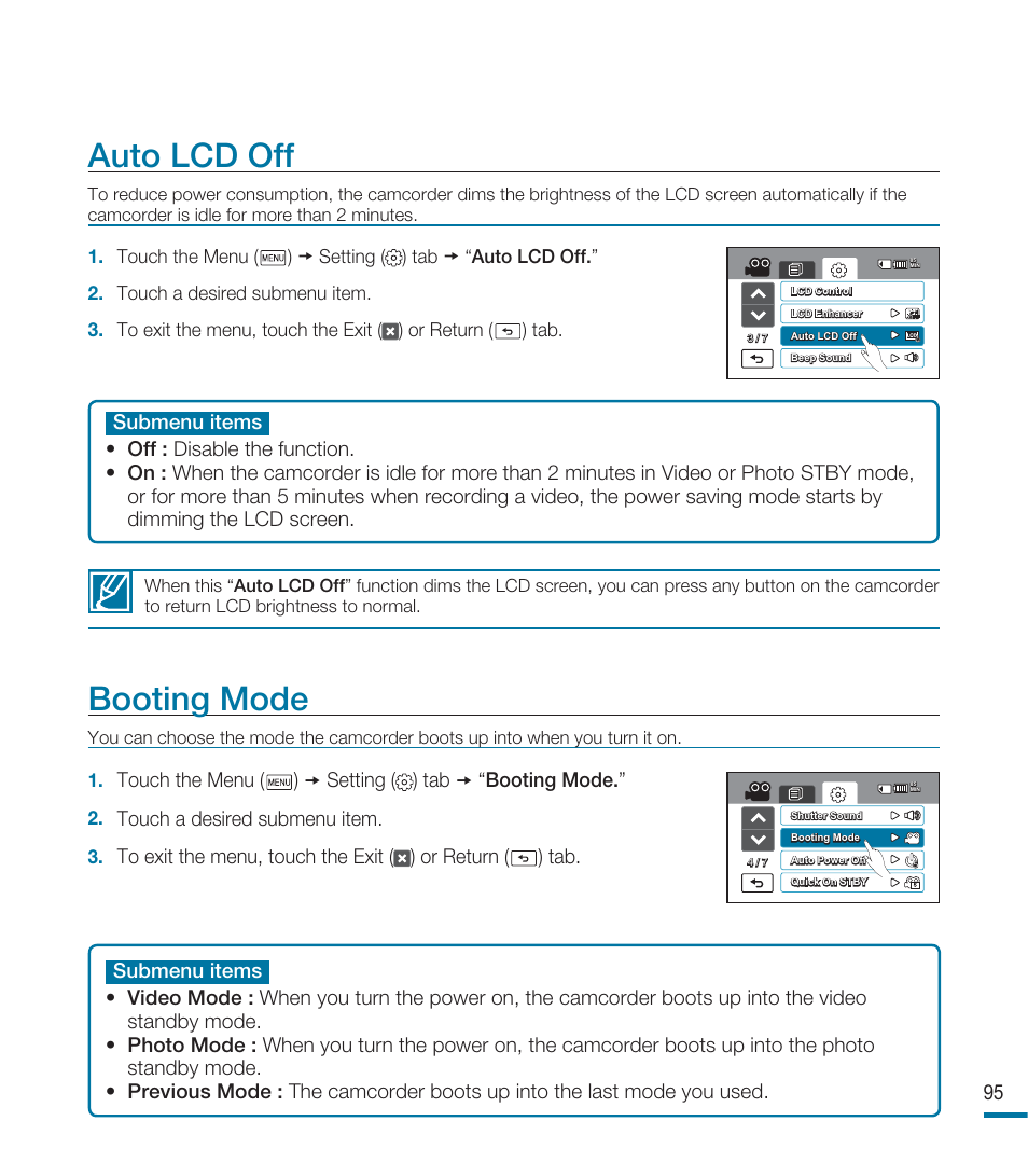 Auto lcd off, Booting mode | Samsung HMX-M20SN User Manual | Page 99 / 147