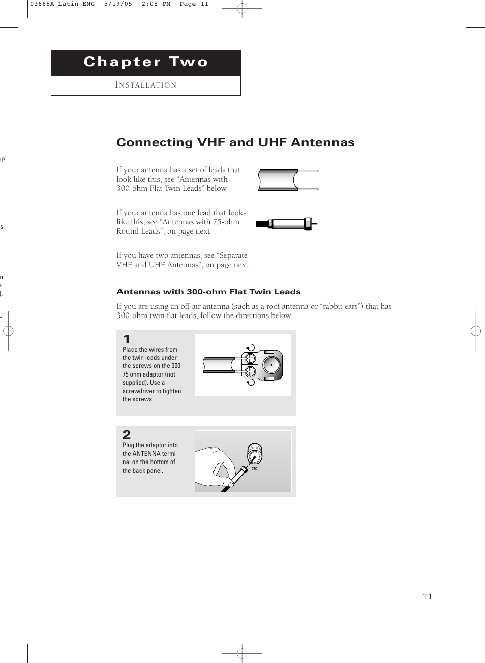 Chapter two : installation, Connecting vhf and uhf antennas, Antennas with 300-ohm flat twin leads | Samsung CL29T21PQ User Manual | Page 11 / 63