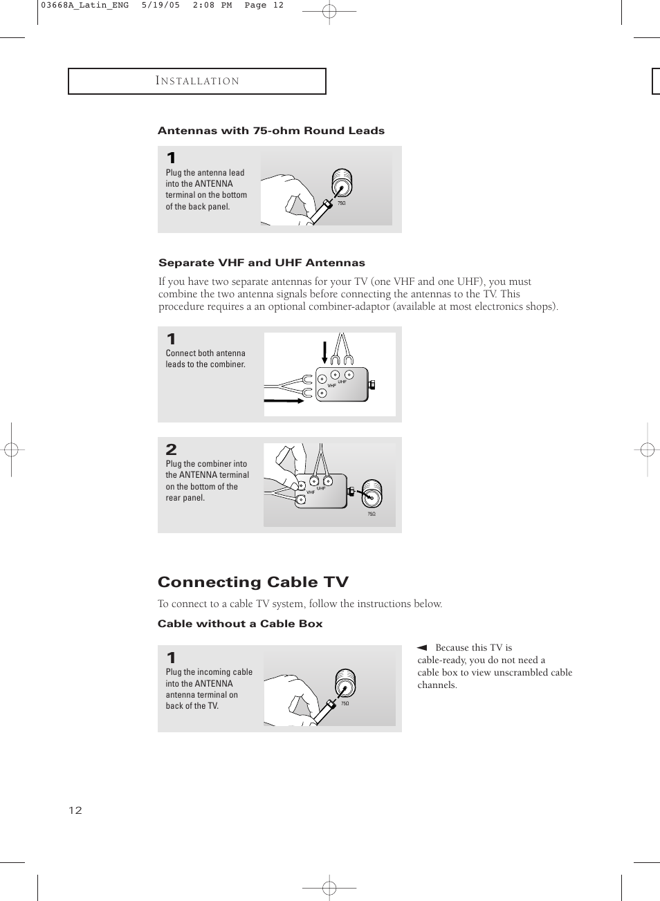 Antennas with 75-ohm round leads, Separate vhf and uhf antennas, Connecting cable tv | Cable without a cable box | Samsung CL29T21PQ User Manual | Page 12 / 63