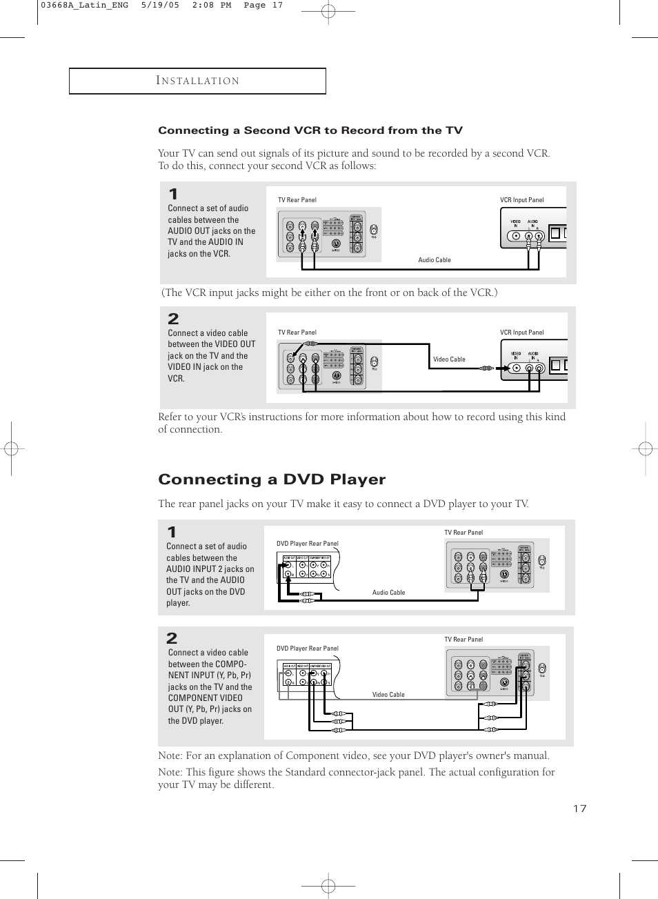 Connecting a second vcr to record from the tv, Connecting a dvd player | Samsung CL29T21PQ User Manual | Page 17 / 63