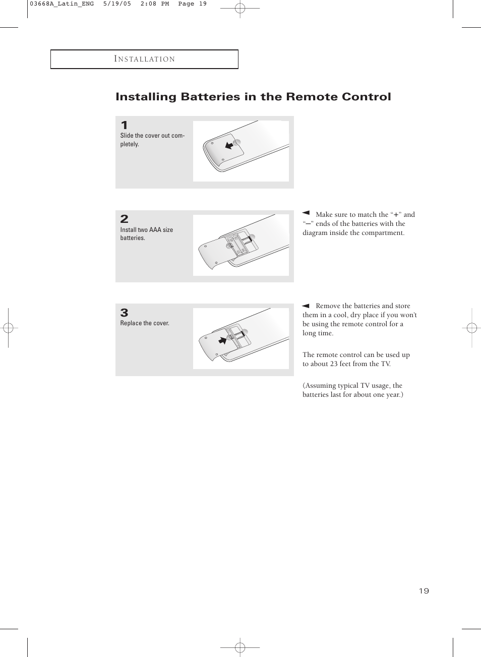 Installing batteries in the remote control | Samsung CL29T21PQ User Manual | Page 19 / 63