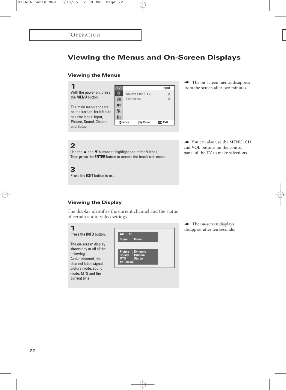 Viewing the menus and on-screen displays, Viewing the menus, Viewing the display | Samsung CL29T21PQ User Manual | Page 22 / 63