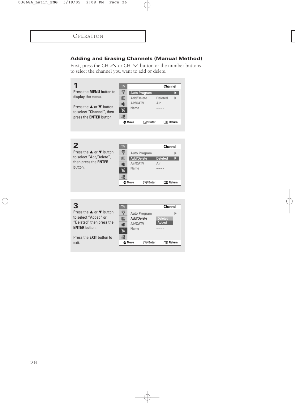 Adding and erasing channels (manual method) | Samsung CL29T21PQ User Manual | Page 26 / 63