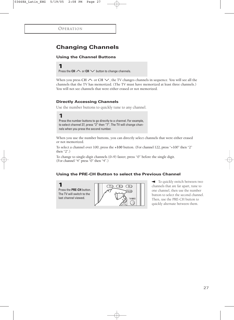 Changing channels, Using the channel buttons, Directly accessing channels | Samsung CL29T21PQ User Manual | Page 27 / 63