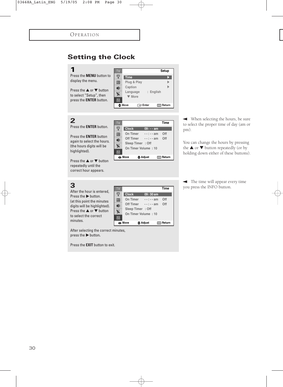 Setting the clock | Samsung CL29T21PQ User Manual | Page 30 / 63