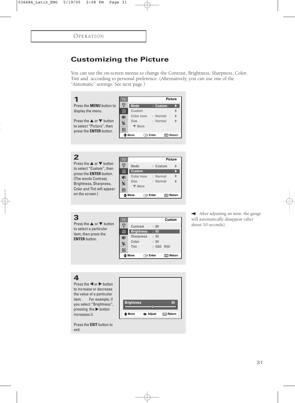 Customizing the picture | Samsung CL29T21PQ User Manual | Page 31 / 63