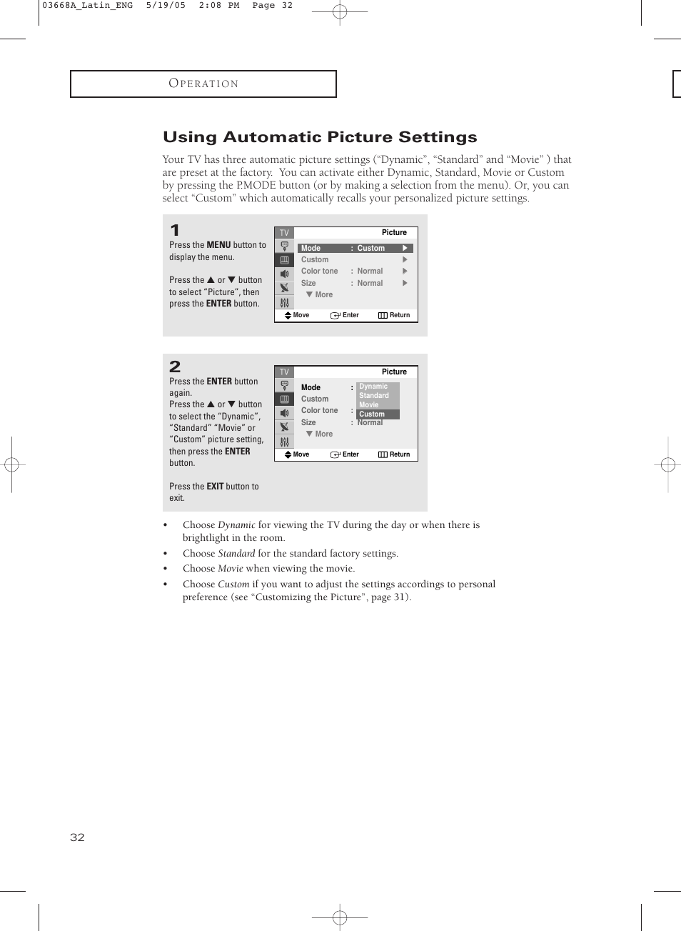 Using automatic picture settings | Samsung CL29T21PQ User Manual | Page 32 / 63