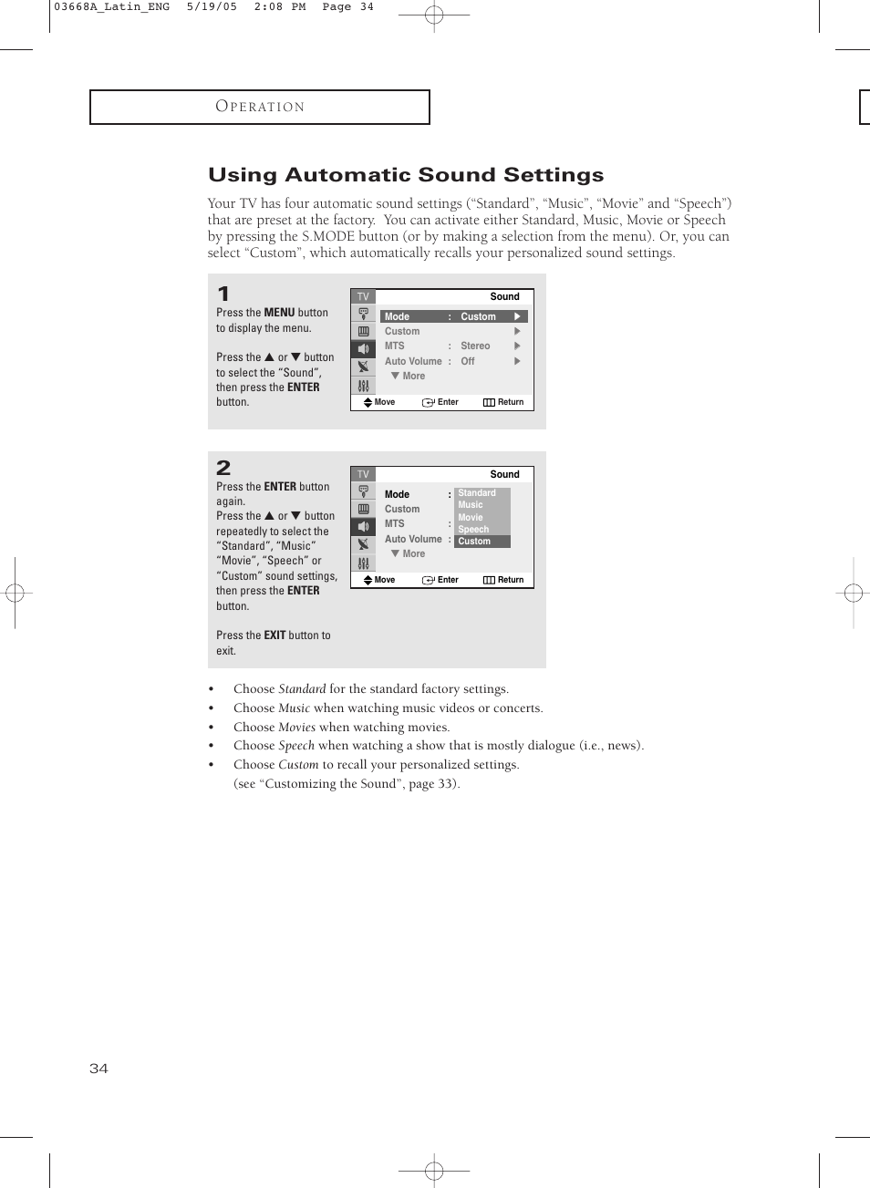 Using automatic sound settings | Samsung CL29T21PQ User Manual | Page 34 / 63