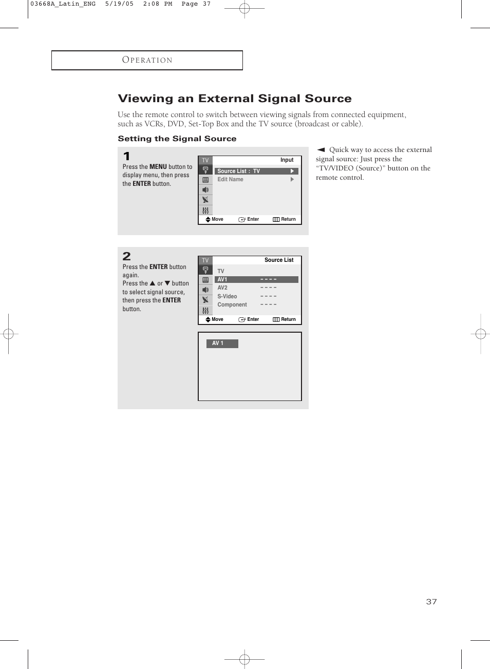 Viewing an external signal source, Setting the signal source | Samsung CL29T21PQ User Manual | Page 37 / 63