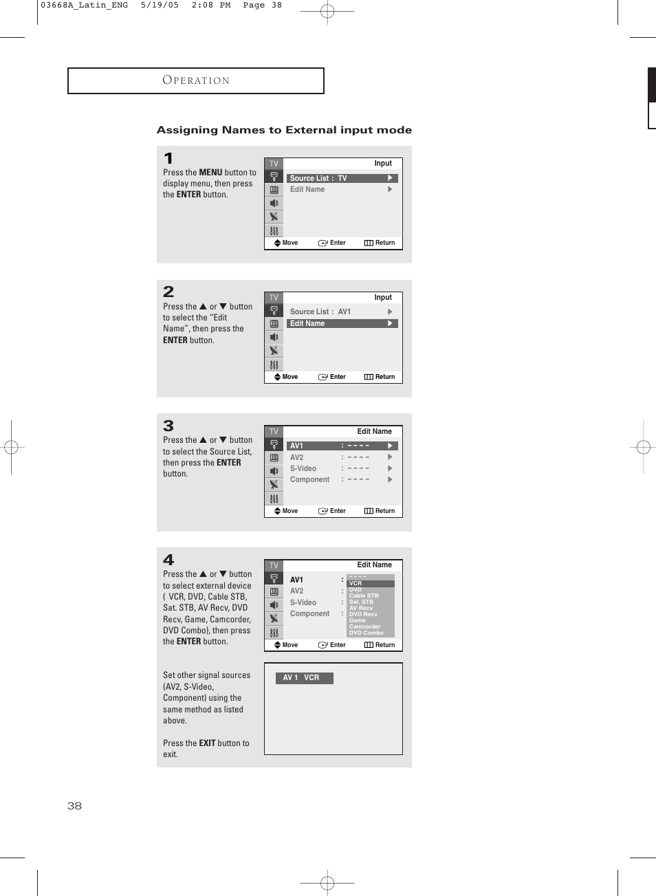 Assigning names to external input mode | Samsung CL29T21PQ User Manual | Page 38 / 63