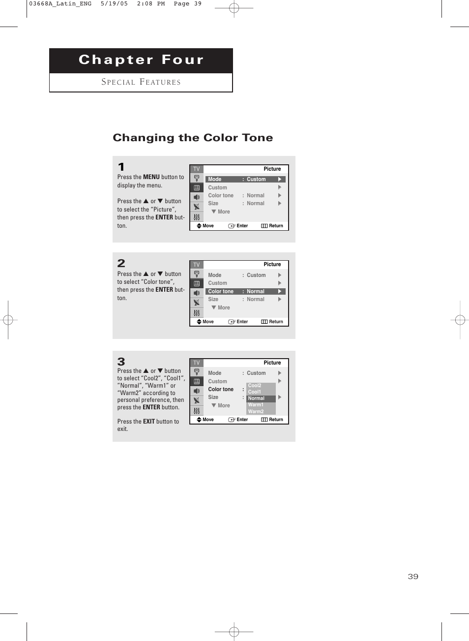 Chapter four: special features, Changing the color tone | Samsung CL29T21PQ User Manual | Page 39 / 63