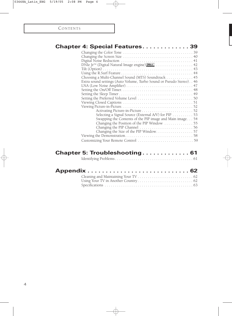 Chapter 4: special features, Chapter 5: troubleshooting, Appendix | Samsung CL29T21PQ User Manual | Page 4 / 63