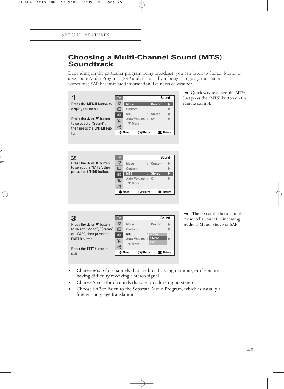 Choosing a multi-channel sound (mts) soundtrack | Samsung CL29T21PQ User Manual | Page 45 / 63