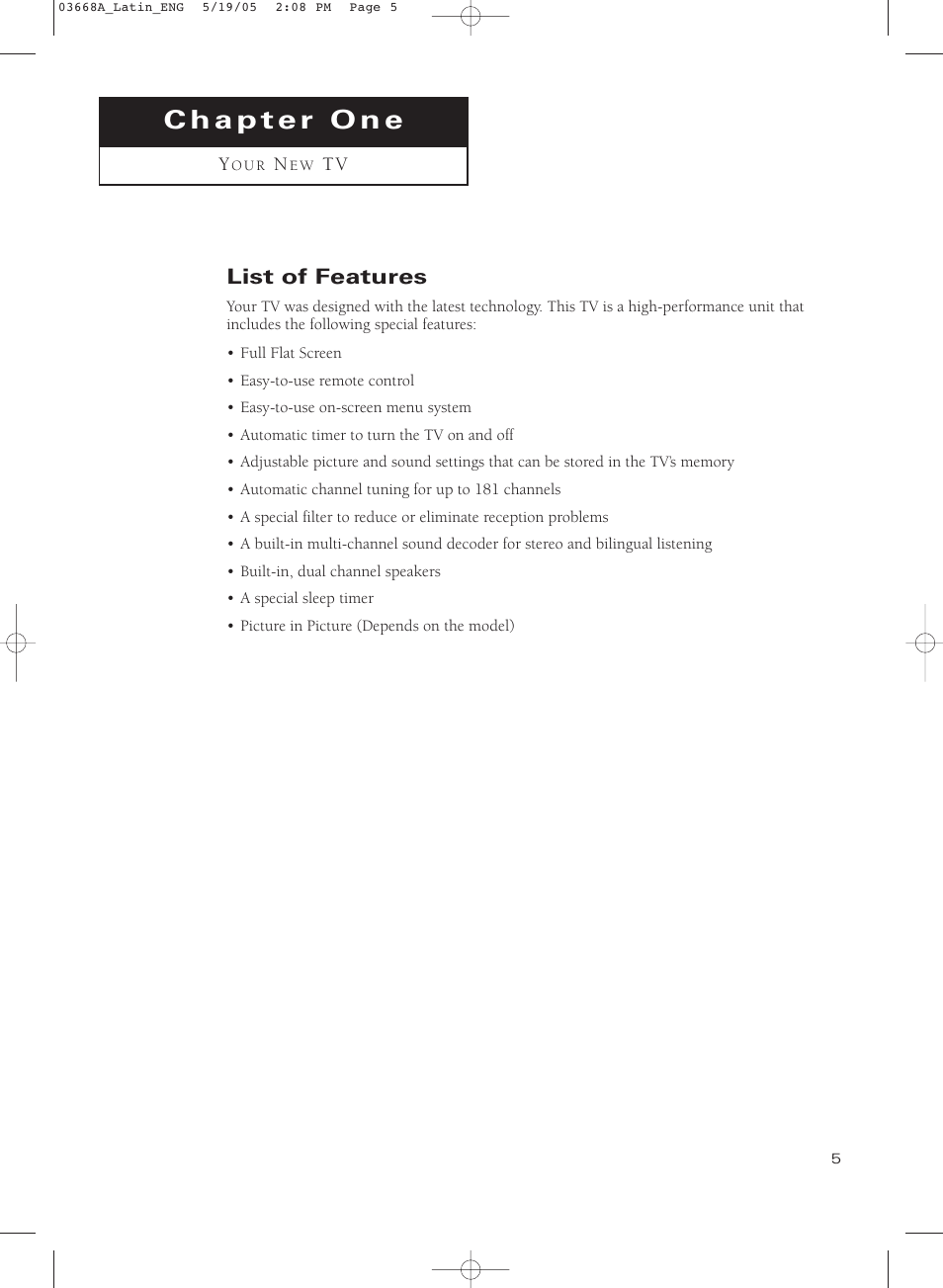 Chapter one: your new tv, List of features | Samsung CL29T21PQ User Manual | Page 5 / 63