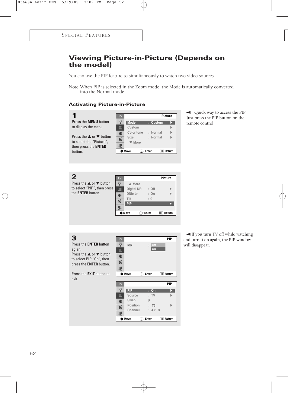 Viewing picture-in-picture (depends on the model), Activating picture-in-picture | Samsung CL29T21PQ User Manual | Page 52 / 63