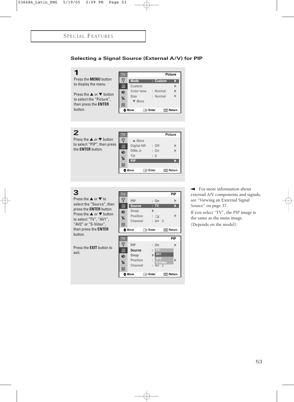 Selecting a signal source (external a/v) for pip | Samsung CL29T21PQ User Manual | Page 53 / 63