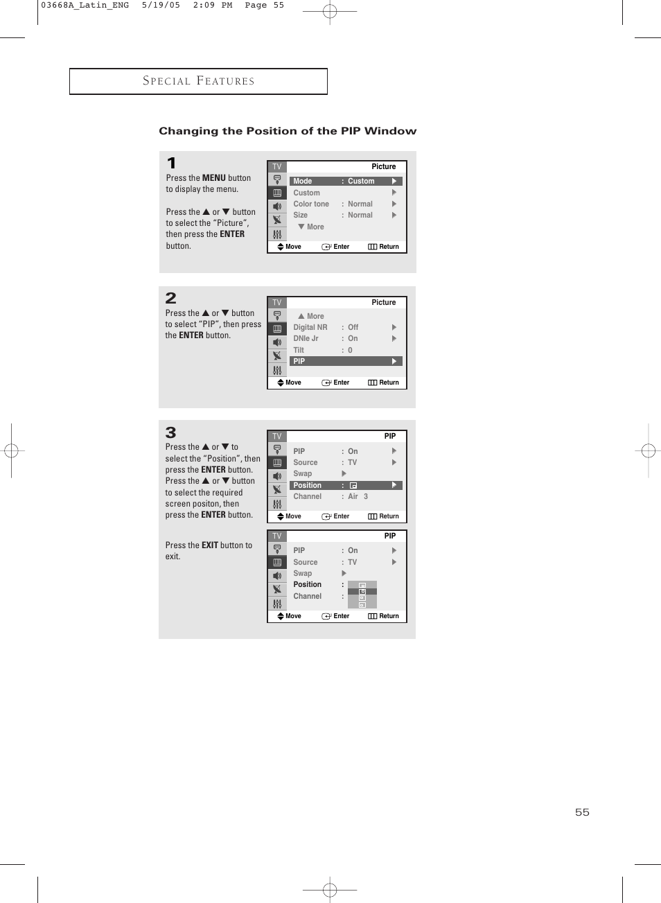 Changing the position of the pip window | Samsung CL29T21PQ User Manual | Page 55 / 63