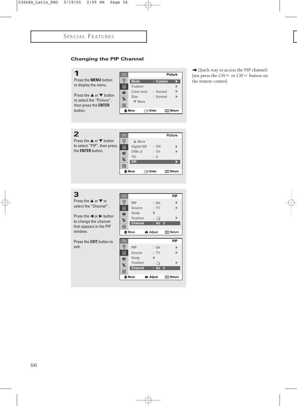 Changing the pip channel | Samsung CL29T21PQ User Manual | Page 56 / 63