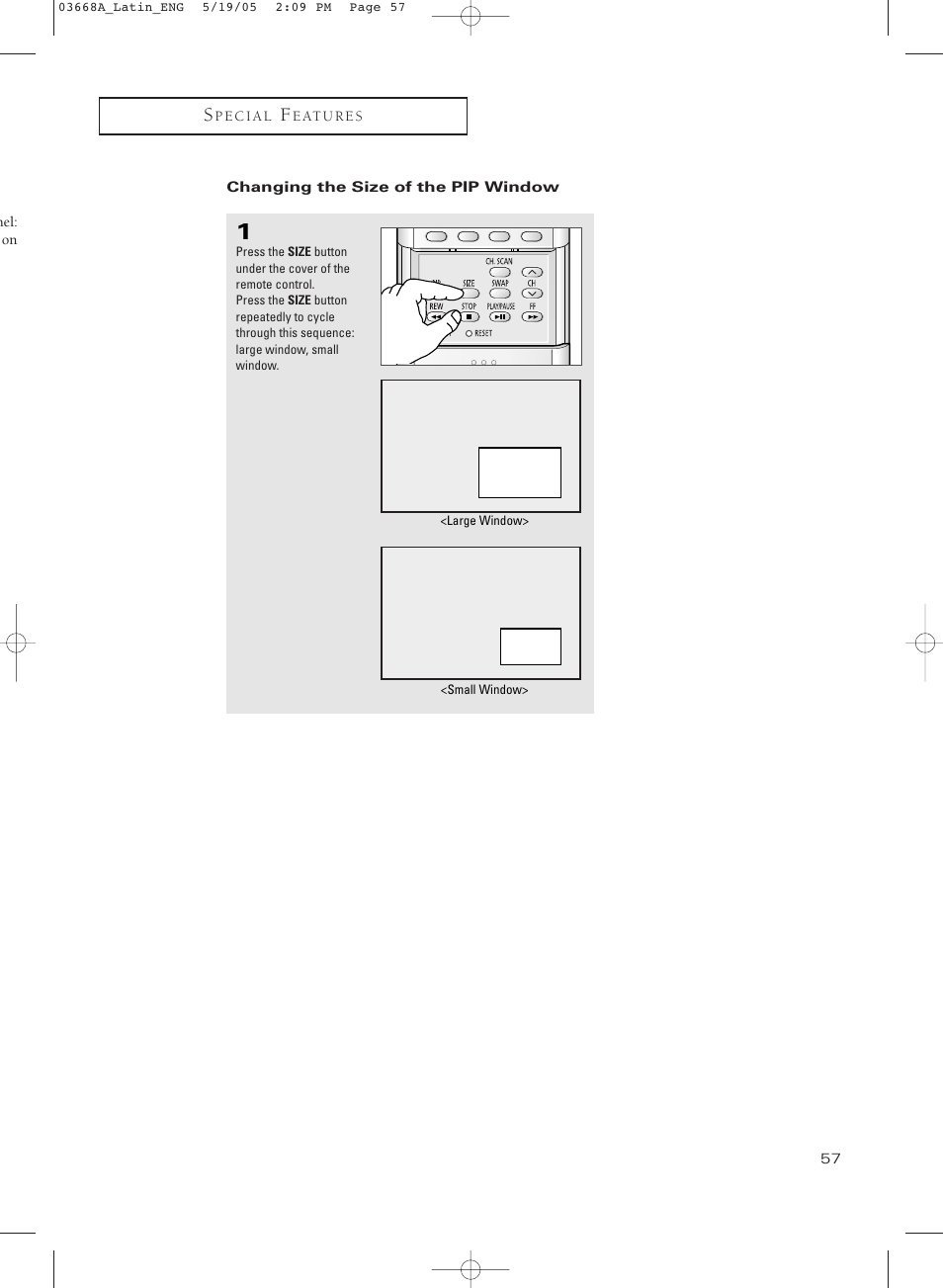 Changing the size of the pip window | Samsung CL29T21PQ User Manual | Page 57 / 63