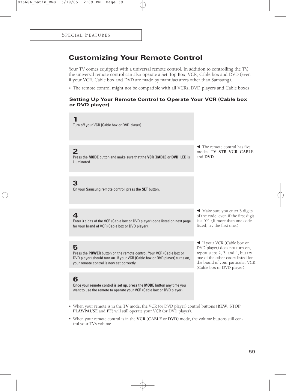 Customizing your remote control | Samsung CL29T21PQ User Manual | Page 59 / 63