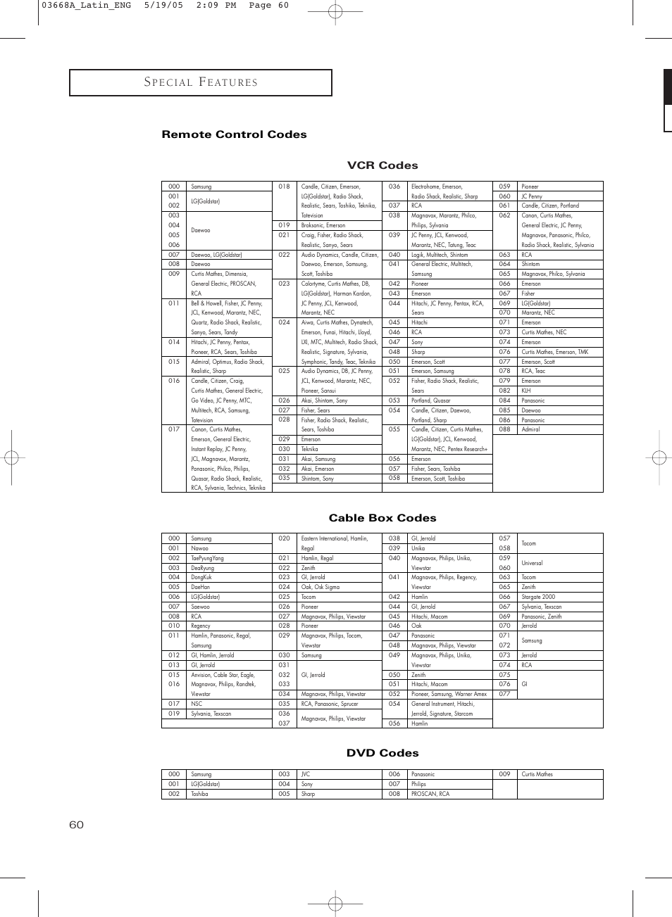 Remote control codes, Cable box codes, Dvd codes | Samsung CL29T21PQ User Manual | Page 60 / 63