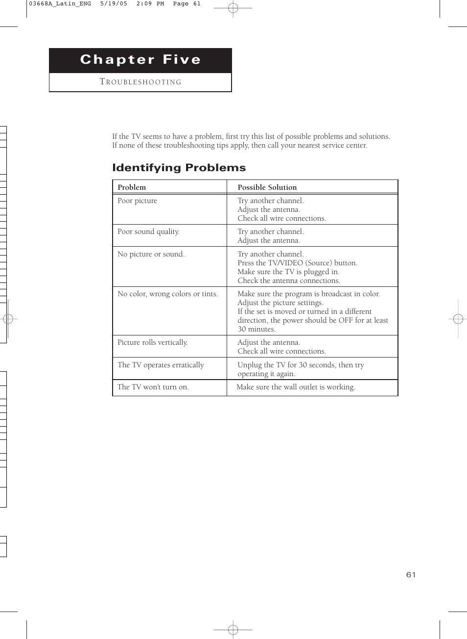 Chapter five: troubleshooting, Identifying problems | Samsung CL29T21PQ User Manual | Page 61 / 63