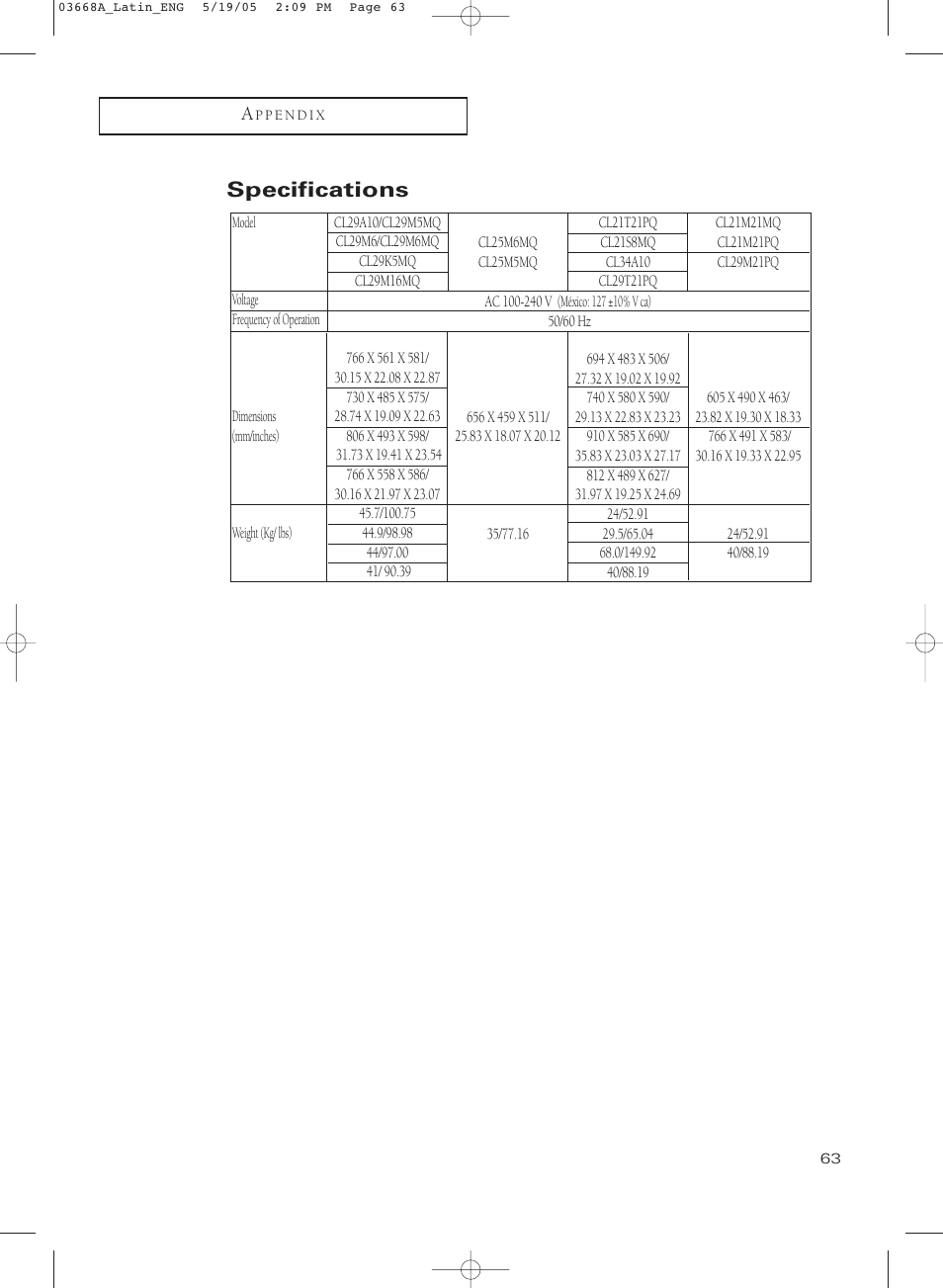 Specifications | Samsung CL29T21PQ User Manual | Page 63 / 63