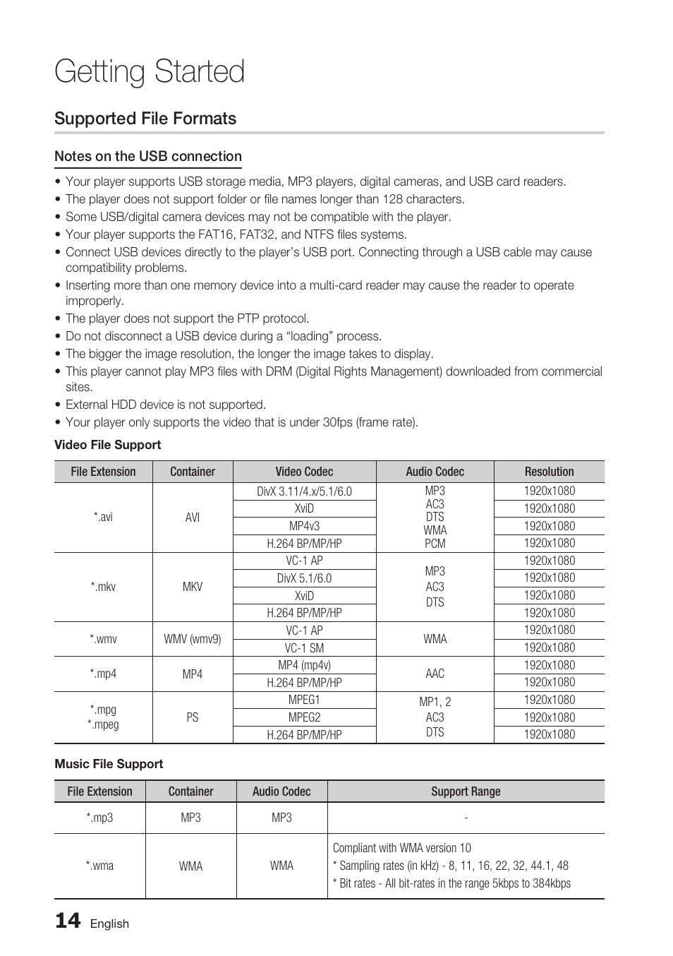 Supported file formats, Getting started | Samsung BD-D6700 User Manual | Page 14 / 75