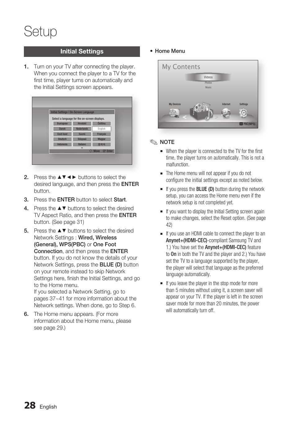Setup, Initial settings, My contents | Samsung BD-D6700 User Manual | Page 28 / 75