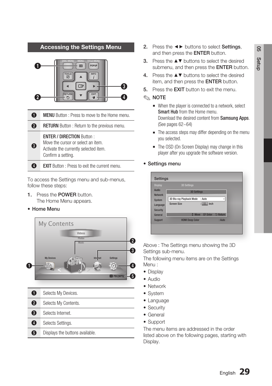 Accessing the settings menu, My contents | Samsung BD-D6700 User Manual | Page 29 / 75