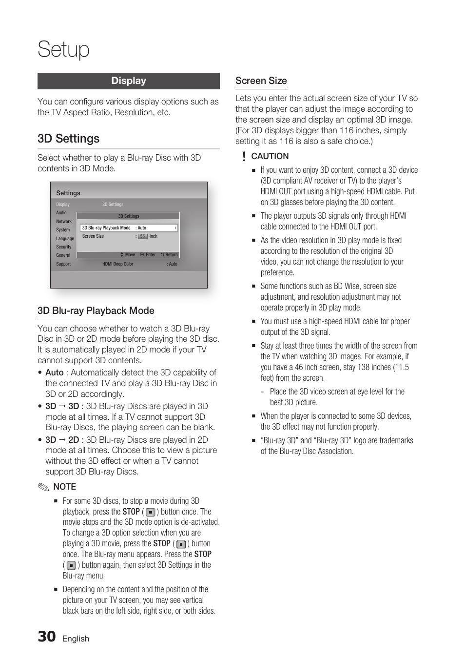 Display, 3d settings, Setup | Samsung BD-D6700 User Manual | Page 30 / 75