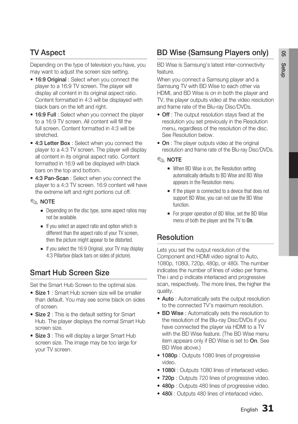 Tv aspect, Smart hub screen size, Bd wise (samsung players only) | Resolution | Samsung BD-D6700 User Manual | Page 31 / 75