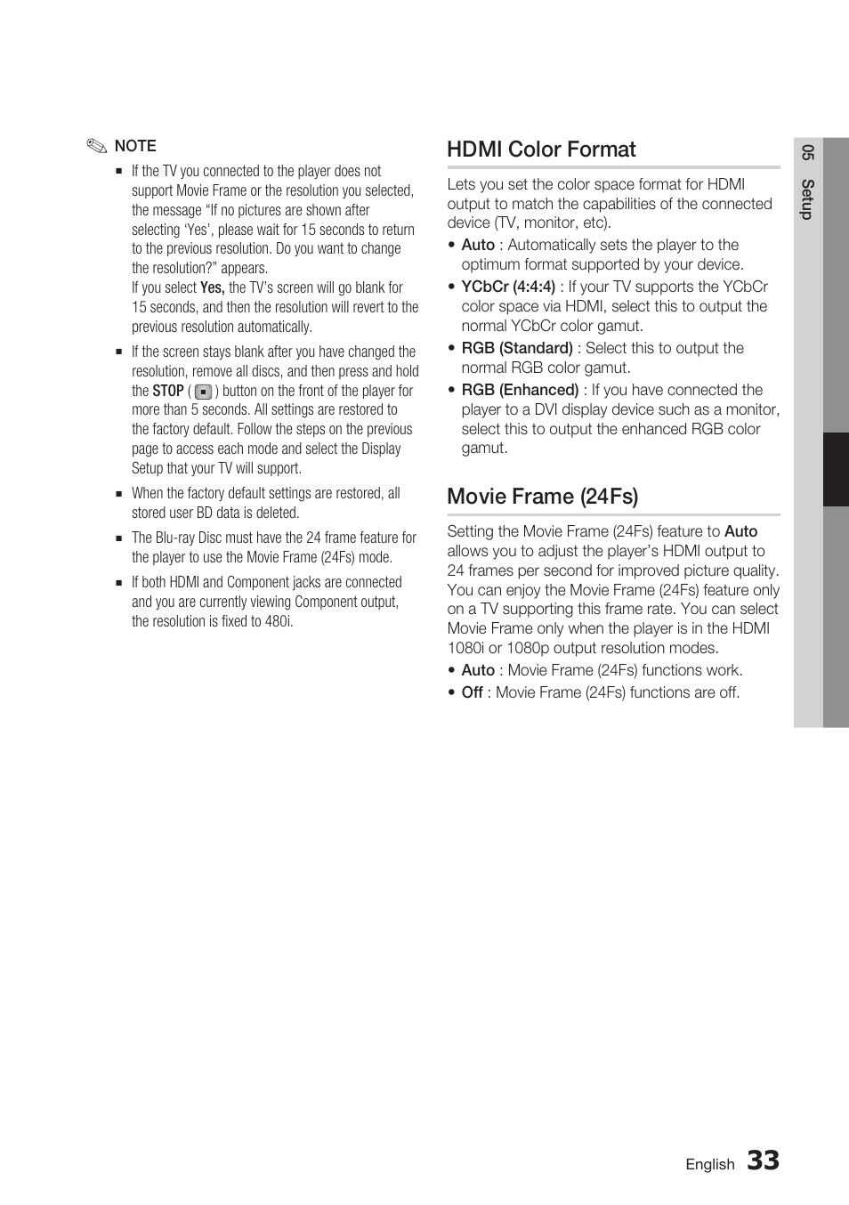 Hdmi color format, Movie frame (24fs) | Samsung BD-D6700 User Manual | Page 33 / 75