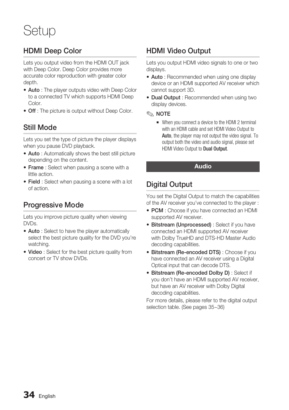 Hdmi deep color, Still mode, Progressive mode | Hdmi video output, Audio, Digital output, Setup | Samsung BD-D6700 User Manual | Page 34 / 75