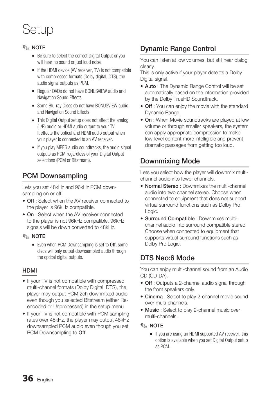 Pcm downsampling, Dynamic range control, Downmixing mode | Dts neo:6 mode, Setup | Samsung BD-D6700 User Manual | Page 36 / 75