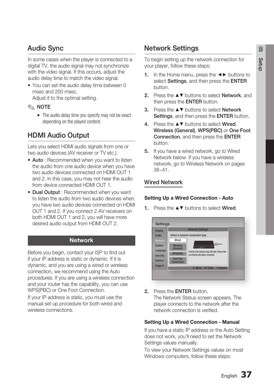 Audio sync, Hdmi audio output, Network | Network settings | Samsung BD-D6700 User Manual | Page 37 / 75