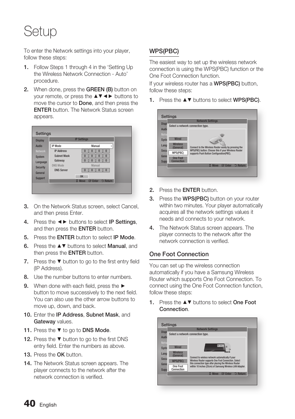 Setup, Wps(pbc), One foot connection | Samsung BD-D6700 User Manual | Page 40 / 75