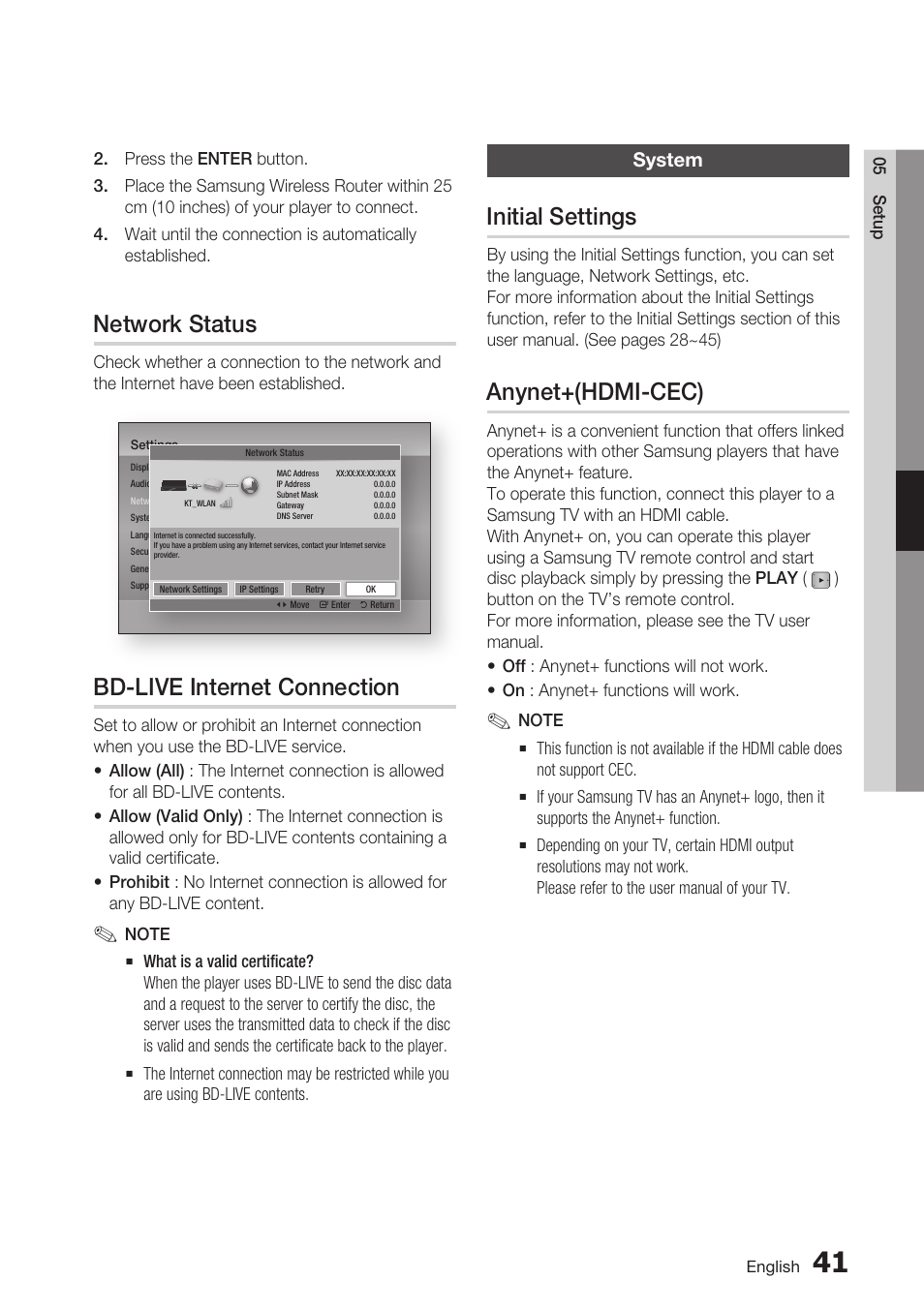 Network status, Bd-live internet connection, System | Initial settings, Anynet+(hdmi-cec) | Samsung BD-D6700 User Manual | Page 41 / 75