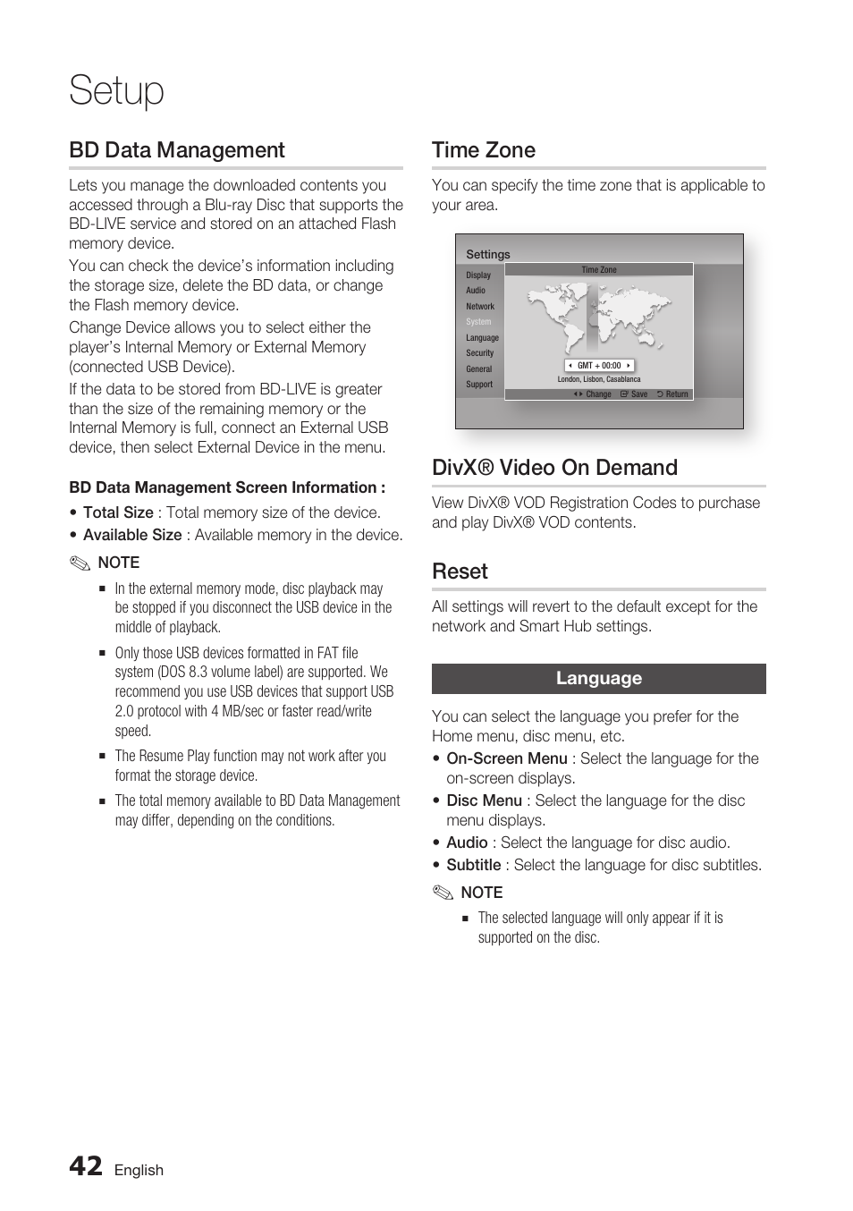 Bd data management, Time zone, Divx® video on demand | Reset, Language, Setup | Samsung BD-D6700 User Manual | Page 42 / 75