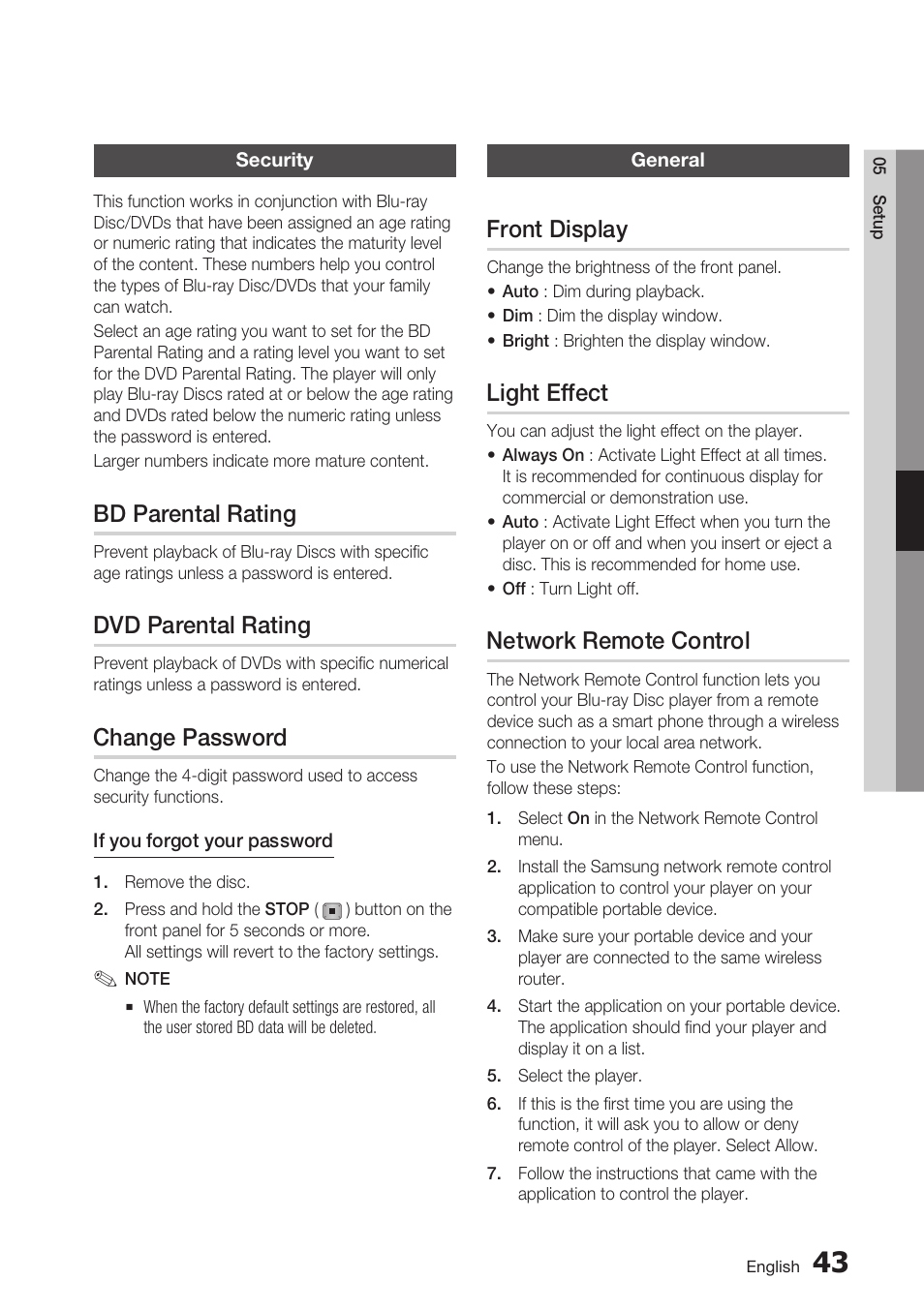 Security, Bd parental rating, Dvd parental rating | Change password, General, Front display, Light effect, Network remote control | Samsung BD-D6700 User Manual | Page 43 / 75